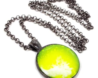 Handmade White and Neon Yellow Resin Pendant Necklace, Gunmetal Plated, Gifts Under 20