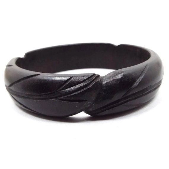 Carved Black Dyed Wood Vintage Bangle Bracelet - image 1