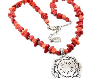 Chaps Southwestern Style Red Gemstone Beaded Vintage Pendant Necklace