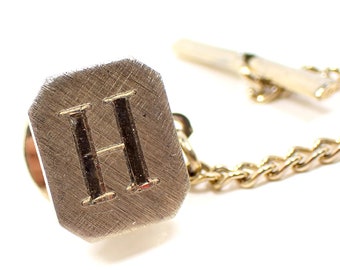 Letter Initial H Mid Century Vintage Tie Tack, Etched Engraved Tie Pin, Brushed Matte Gold Tone, Father's Day Gifts for Him