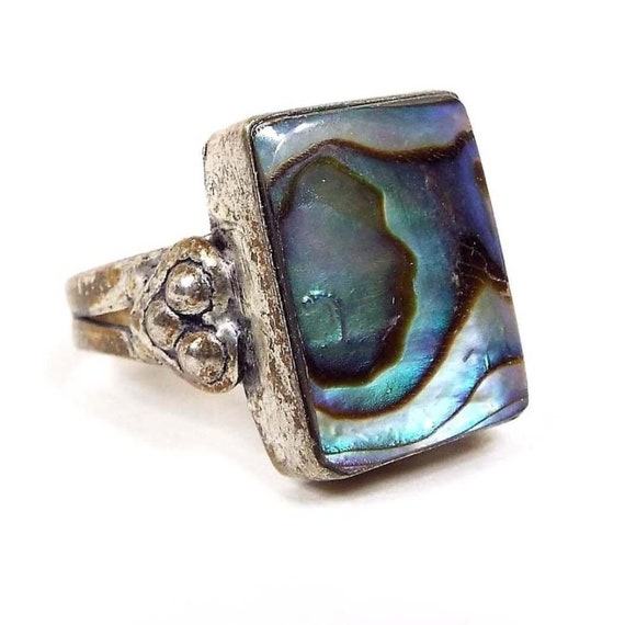 Abalone Rectangle Retro Vintage Ring, Southwestern