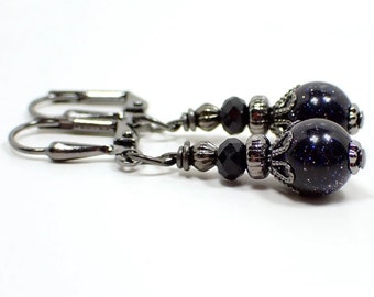 Handmade Small Blue Goldstone Glass Drop Earrings, Boho Jewelry, Gunmetal Plated, Hook Lever Back or Clip On