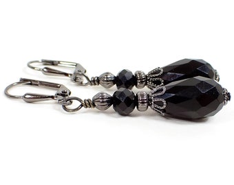 Handmade Glass Crystal Black Earrings, Gunmetal Plated, Vintage Style Teardrop Drop, Hook Lever Back or Clip On, Goth Jewelry