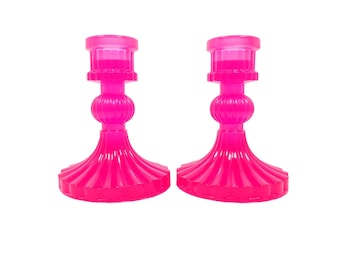 Neon Pink Candle Holders, Handmade Set of Two Vintage Style Resin Taper Candlestick Holder, UV Fluorescent