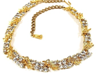 BSK Mid Century Vintage Rhinestone Leaf Link Necklace