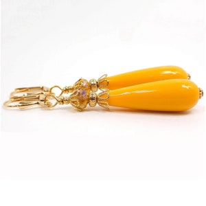 Handmade Mustard Yellow Lucite Teardrop Earrings, Gold Plated, Hook Lever Back or Clip On