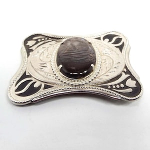 Vintage Agate Gemstone Belt Buckle, Black Painted Silver Tone