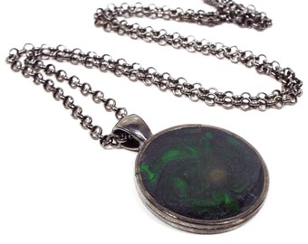 Handmade Black and Neon Green Swirl Resin Pendant Necklace, Gifts Under 20