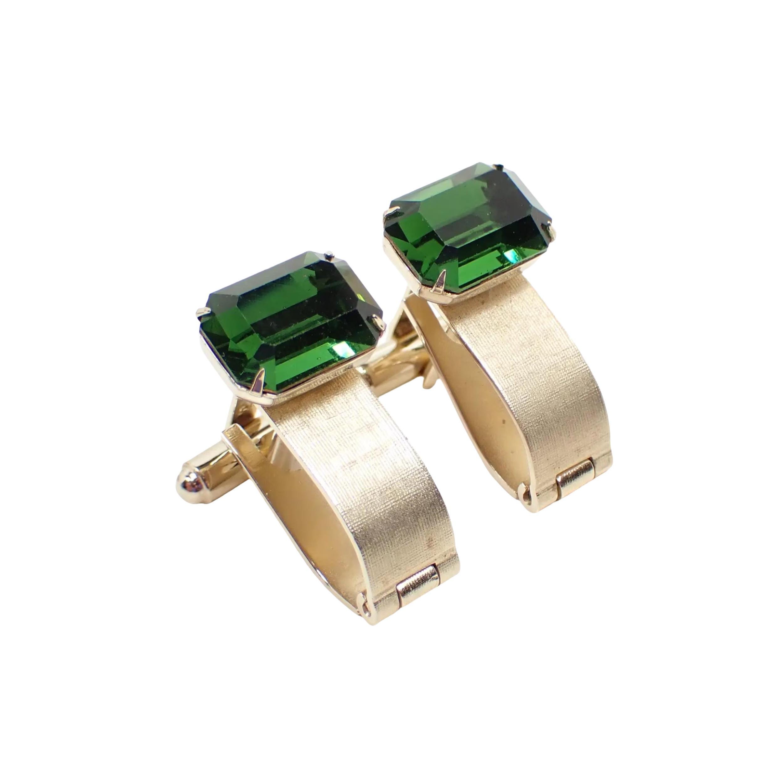 Boutons De Manchette 1970s Goldtone Green Dante - Occasion Vintage