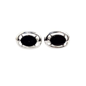 Vintage Black Glass Silver Tone Oval Cufflinks with Open Border Edge
