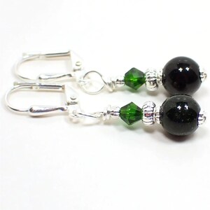 Handmade Small Green Goldstone Glass Drop Earrings, Boho Jewelry, Silver Plated, Hook Lever Back or Clip On
