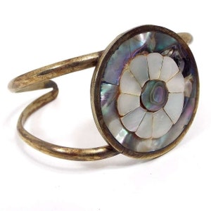Alpaca Vintage Flower Cuff Bracelet with Inlaid Abalone and Mother of Pearl Shell