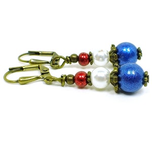 Handmade Red White and Blue Earrings, Antiqued Brass, Hook Lever Back or Clip On