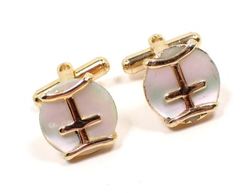 1980's Mother of Pearl Vintage Angled Back Cufflinks, Pearly White Round Gold Tone Cuff Links, Dapper Gentleman Jewelry