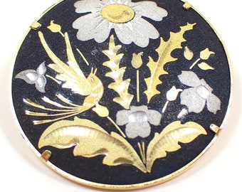 Bird and Flowers Round Damascene Retro Vintage Brooch