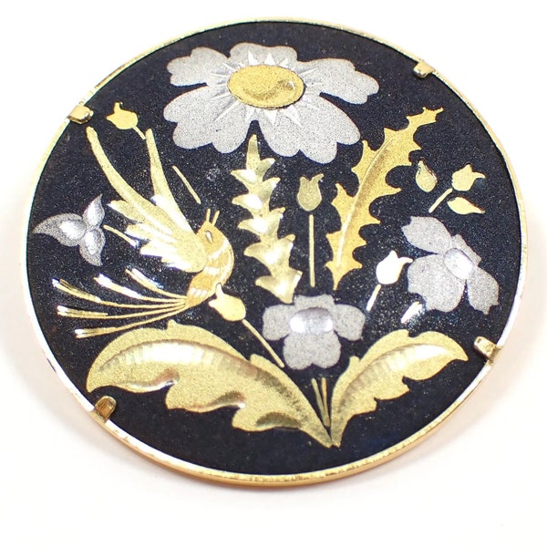 Bird and Flowers Round Damascene Retro Vintage Brooch