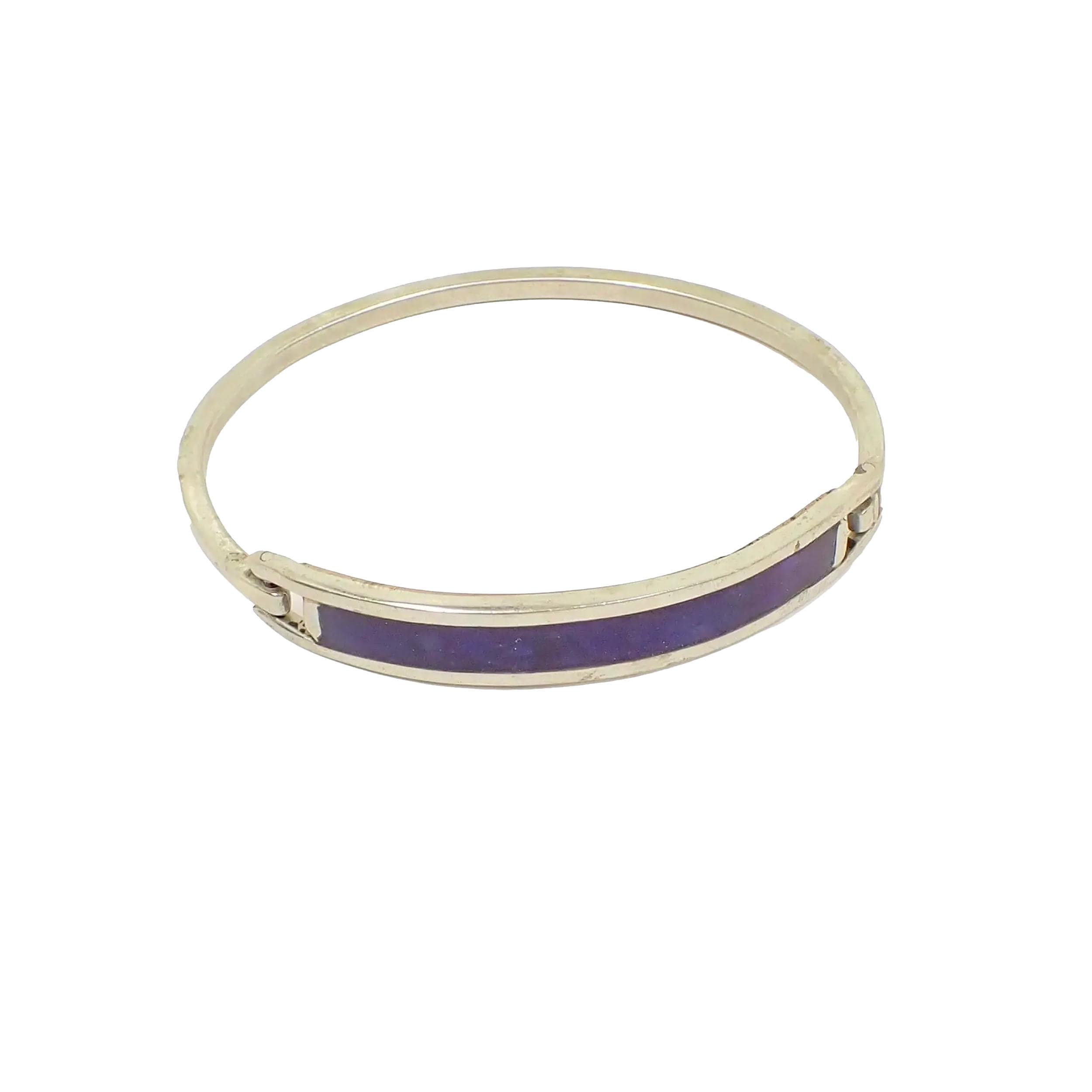 Vintage Mexican Purple Blue Enameled Silver Tone Hinged Bangle