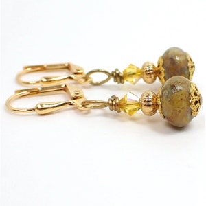 Handmade Small Yellow and Green Czech Glass Drop Earrings, Gold Plated, Hook Lever Back or Clip On