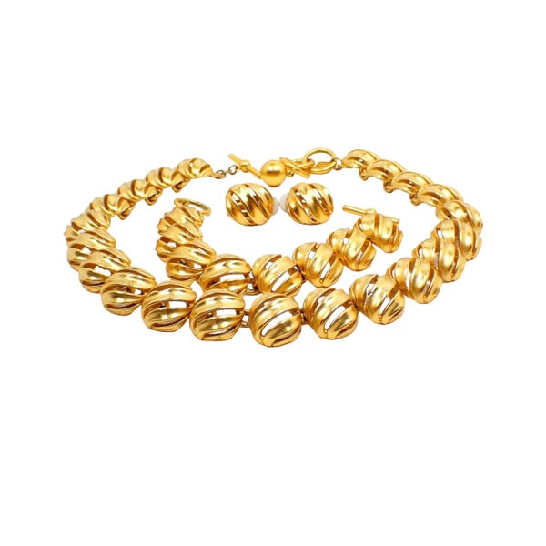 Vintage Anne Klein Filigree Link Necklace Bracelet and Clip on Earrings Jewelry Set