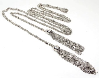 Long Mid Century Vintage Lariat Necklace with Chain Tassels, Silver Tone