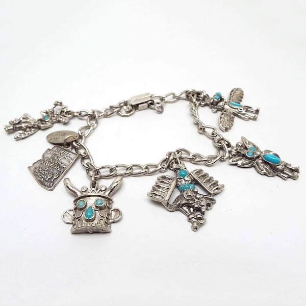 Arizona Retro Vintage Charm Bracelet, Silver Tone, Faux Turquoise