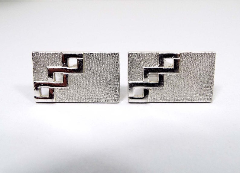 Mid Century 1960s 60s Brushed Silver Tone Cuff Links Hipster Jewelry Swank Signed Vintage Cufflinks Rectangle Cutout