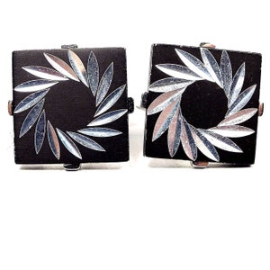 Swank Retro Vintage Cufflinks, Black and Silver Tone Diamond Cut Etched Atomic Pinwheel, Dapper Hipster