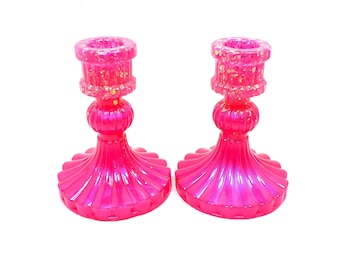 Set of Two Vintage Style Handmade Bright Pearly Pink Resin Candlestick Holders with Iridescent Glitter, Taper Candle Holders, Gifts for Her