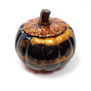 Pearly Orange Black and Red Resin Handmade Pumpkin Trinket Box with Chunky Iridescent Glitter, Halloween Decor