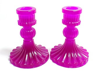 Set of Two Vintage Style Handmade Neon Purple Resin Candlestick Holders, UV Fluorescent Light Reactive Glow, Gifts for Them