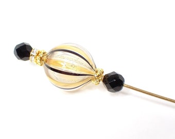 1960s Black and Gold Tone Murano Glass and Rhinestone Mid Century Vintage Hat Pin