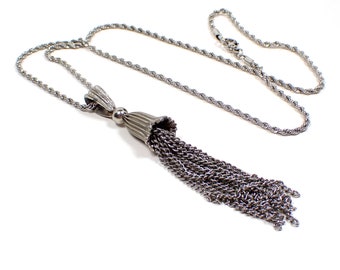 Silver Tone Twisted Rope Chain Vintage Tassel Necklace, Boho Jewelry