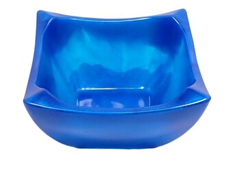 Retro Style Handmade Marbled Blue Resin Angled Square Decorative Bowl, UV Fluorescent Neon Glow, Gifts for Her, Home Decor