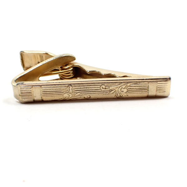 Small Mid Century Vintage Tie Clip Clasp with Leaf Design, Gold Tone Plated, Dapper Gentleman Gifts for Him
