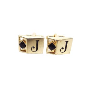 Shields Mid Century Vintage Initial Letter J Black Glass and Gold Tone Cufflinks