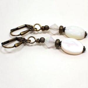 Handmade Mother of Pearl Drop Earrings, Antiqued Brass, Hook Lever Back or Clip On