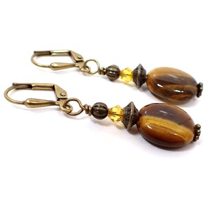 Handmade Tiger&#39;s Eye Gemstone Oval Drop Earrings, Antiqued Brass, Hook Lever Back or Clip On