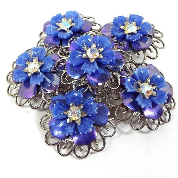 Coro Iridescent AB Rhinestone Blue Flowers Mid Ce… - image 1
