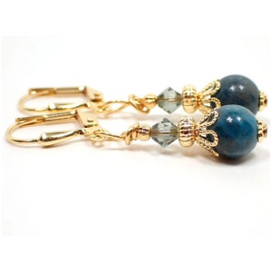 Handmade Small Teal Blue Apatite Gemstone Earrings, Boho Jewelry, Gold Plated, Hook Lever Back or Clip On