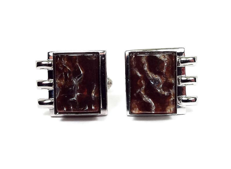 Mid Century 1960s 60s Silver Tone Cuff Links Modernist Rectangle Brown Lucite Cufflinks