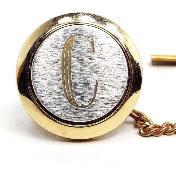 Letter Initial C Vintage Tie Tack, Engraved Two T… - image 1