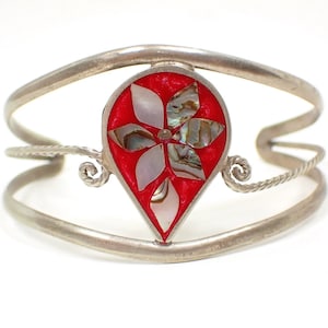 Mexican Pearly Pink and Red Teardrop Vintage Cuff Bracelet with Inlaid Abalone Shell Flower Design, Alpaca Silver Tone