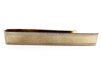 Long Wide Mid Century Vintage Slide On Tie Bar, Lightly Etched Gold Tone