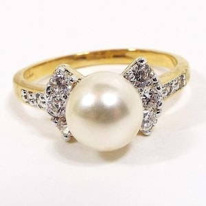 Edco Faux Pearl and Rhinestone Vintage Cocktail Ring, Gold Plated Bow Design