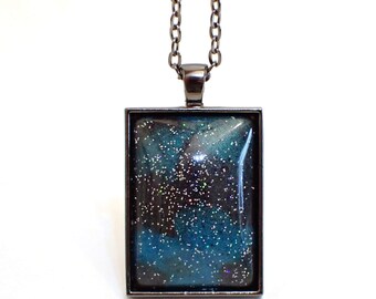 Handmade Large Teal and Dark Gray Resin Rectangle Pendant Necklace with Glitter, Gunmetal Plated