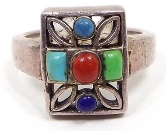 SE Sterling Silver Multi Stone Vintage Ring, Open Cut Out Flower Design