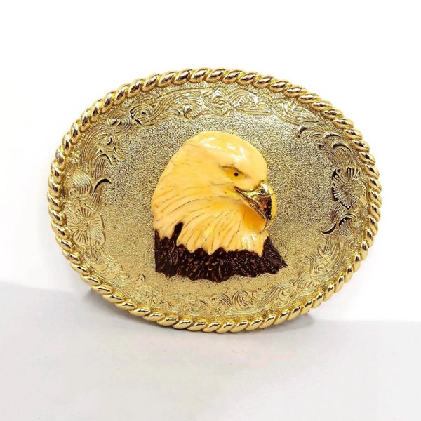 Enameled Patriotic Bald Eagle Vintage Belt Buckle by Rain Tree, Gold Tone