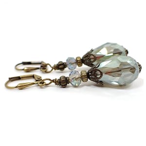 Handmade Smoky Green Glass Crystal Teardrop Earrings, Antiqued Brass, Hook Lever Back or Clip On