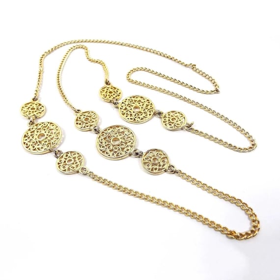 Long Gold Tone Filigree Vintage Chain Necklace - image 1