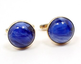 1950's Hickok Blue and White Marbled Lucite Mid Century Vintage Cufflinks, Gold Tone Round Cuff Links, Gifts for Him